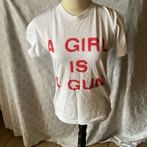 White Short Sleeve Graphic Tee with Red Lettering